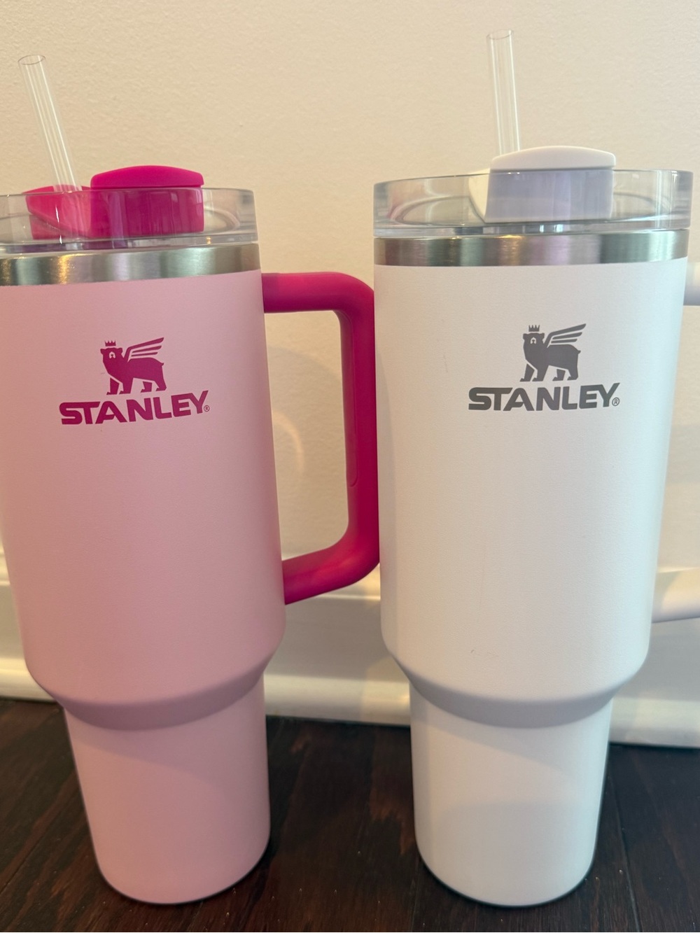 Stanley Travel Mug Pair- Pink & White with Clear Lids